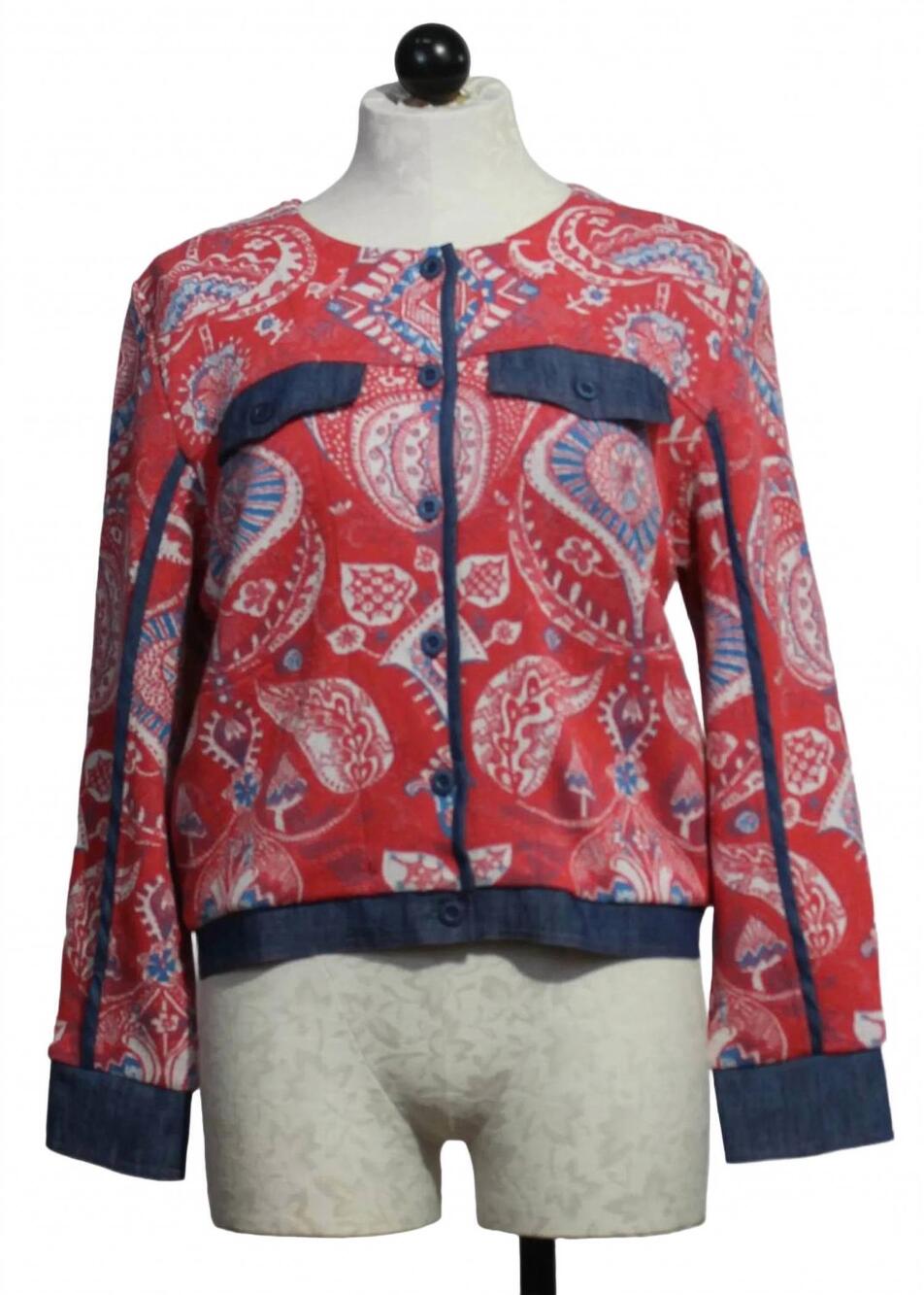NEW ALDO MARTINS women's paisley print knit jacket with denim trim in red